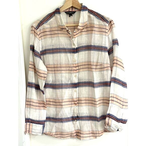 Women's Tommy Bahama Cotton Blend Striped Button-Up Top Long-Sleeve / Sz M / EUC - Picture 1 of 8